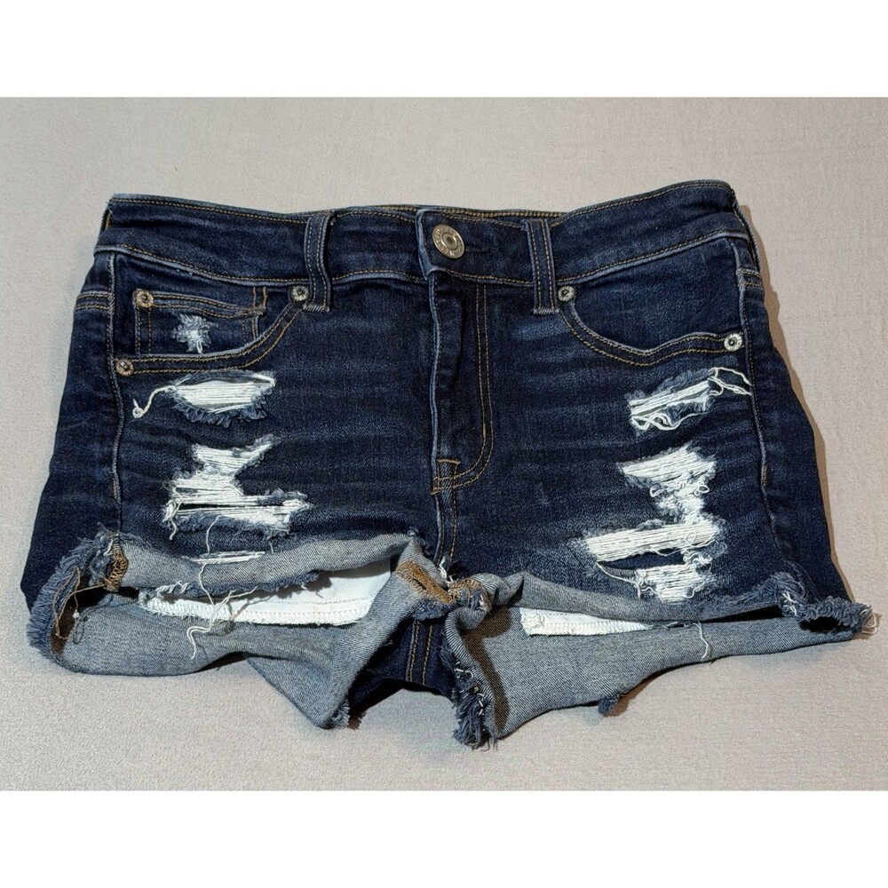 Womens Juniors American Eagle High Rise Shortie Jean Shorts 2 Distressed Denim